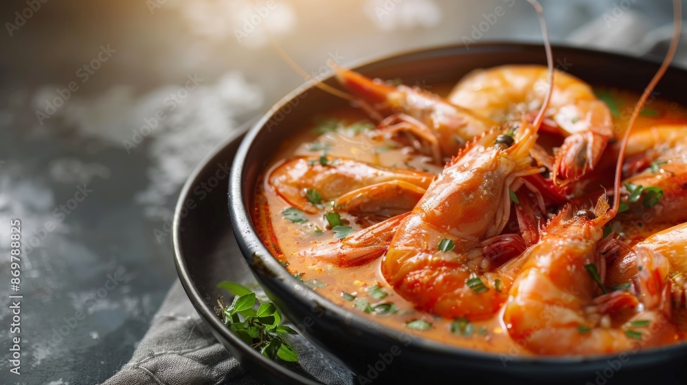 Close-up of a bowl of Tom Yum Shrimp, a spicy Thai soup Close-up of a bowl of Tom Yum Shrimp, a spicy Thai soup
