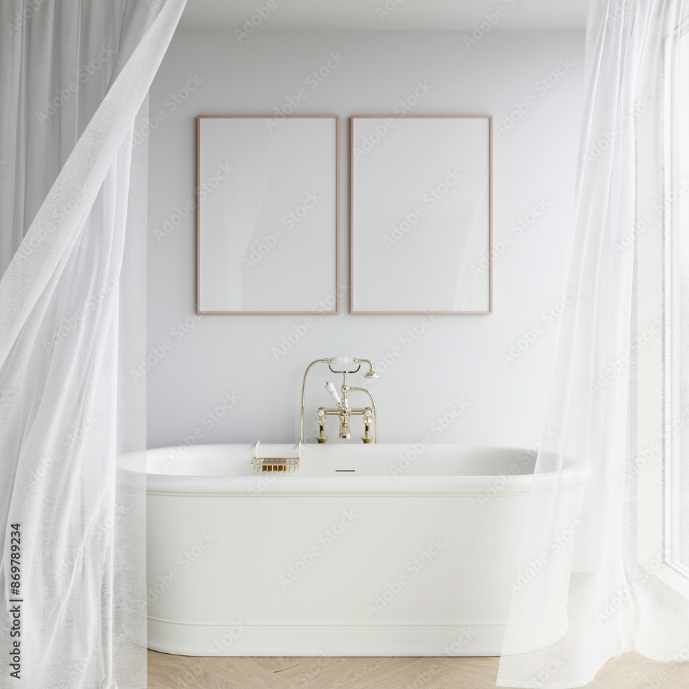Frame mockup in modern bathroom interior, two frames on the white wall Frame mockup in modern bathroom interior, two frames on the white wall