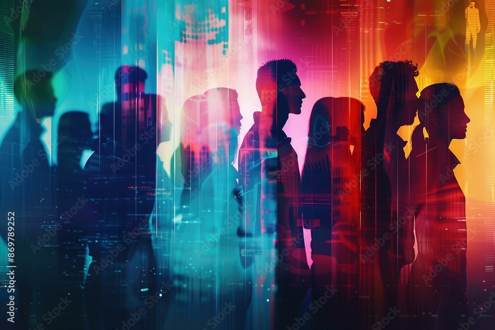 A vibrant, multicolored background explodes with energy, highlighting diverse human silhouettes connected in a social network. A vibrant, multicolored background explodes with energy, highlighting diverse human silhouettes connected in a social network.