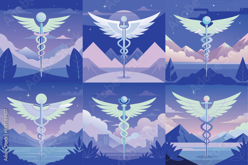 Collection of Caduceus medical symbols. Medical snakes wings wand as medicine system and health care concept