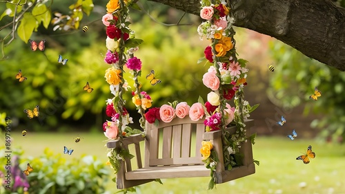 The wooden swing decorated with artificial flowers