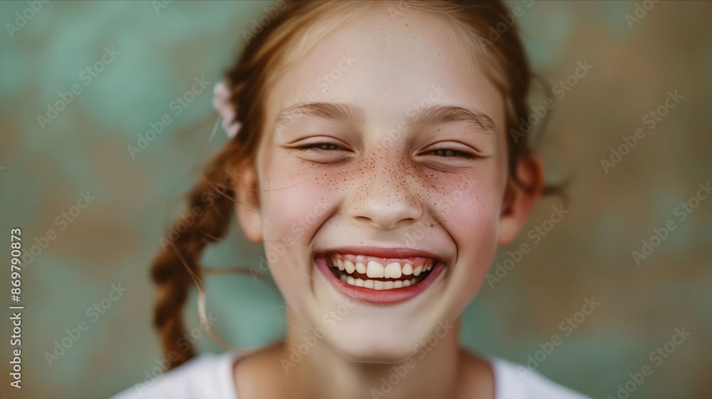 A young girl is smiling with her eyes closed. A young girl is smiling with her eyes closed.