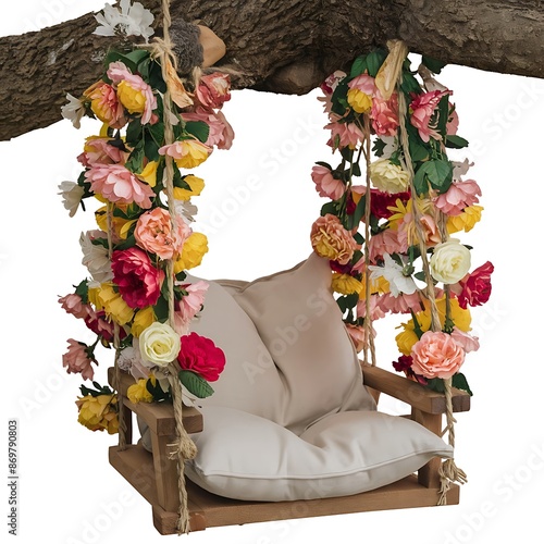 The wooden swing decorated with artificial flowers