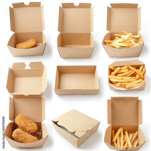 A set of empty carton package boxes for nuggets, potato fries, or wedges, isolated on a white background