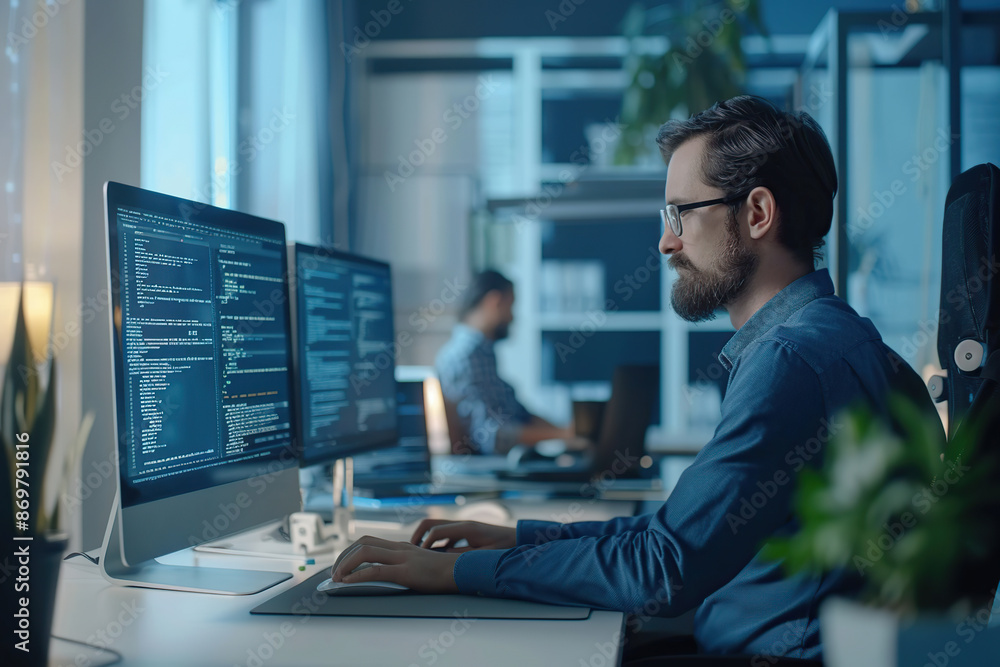 Young man programmer working in office at workplace station Young man programmer working in office at workplace station
