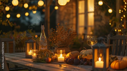 The warm glow of lanterns and string lights illuminating the outdoor feast creating a cozy atmosphere for friends and family to celebrate the autumn harvest together. © Justlight