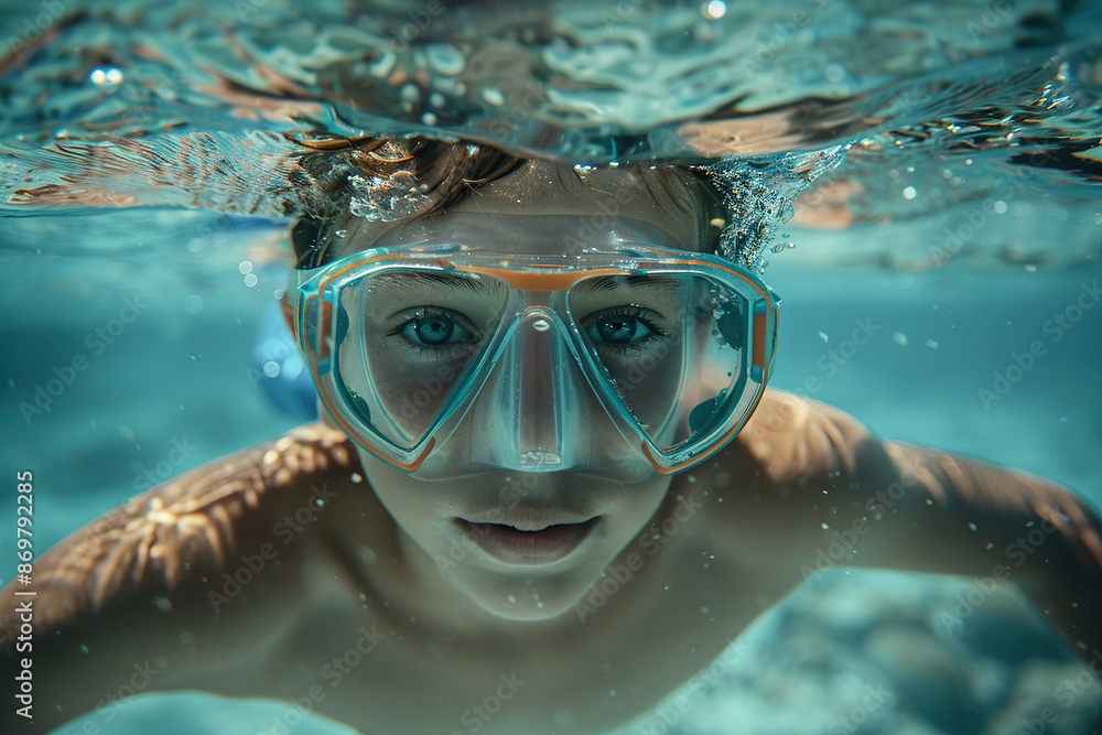 Fototapeta premium Underwater photo of young child boy swimming near corals and reefs