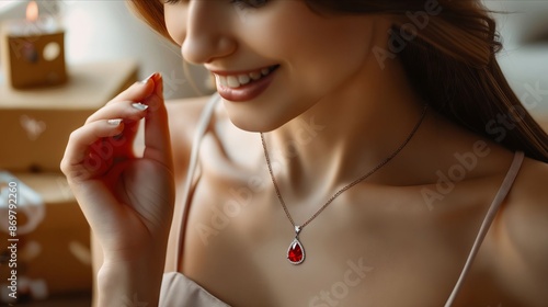 A woman smiling with a red necklace.