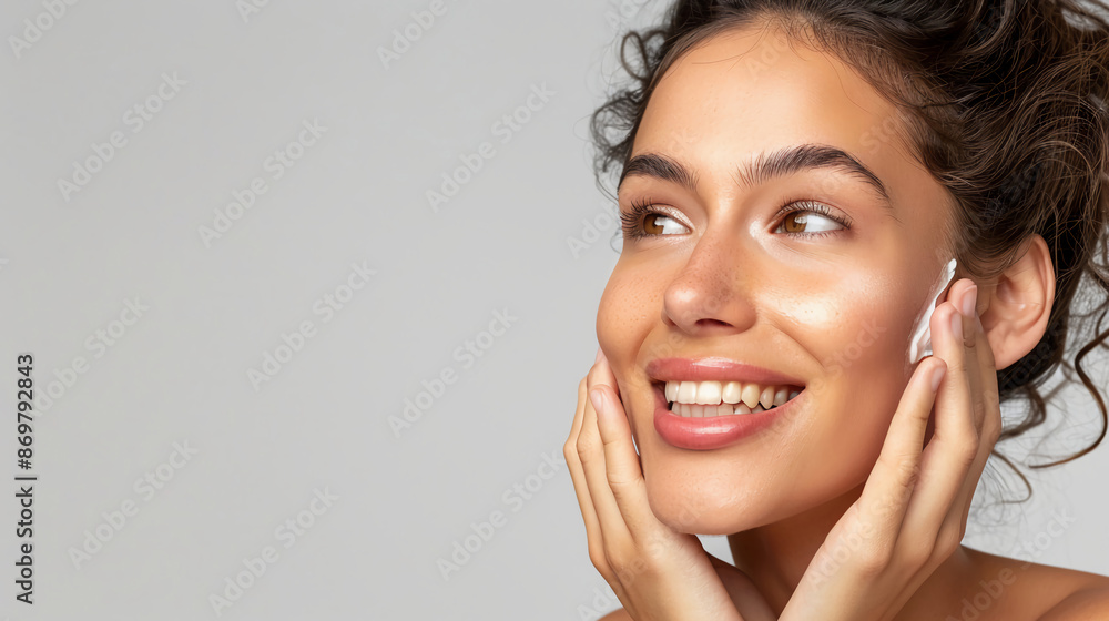 Cream, skincare, and beauty woman in studio for facial glow, shine, and cosmetics marketing, advertising, and smile. Happy youth skin care model with dermatological face sunscreen lotion Cream, skincare, and beauty woman in studio for facial glow, shine, and cosmetics marketing, advertising, and smile. Happy youth skin care model with dermatological face sunscreen lotion