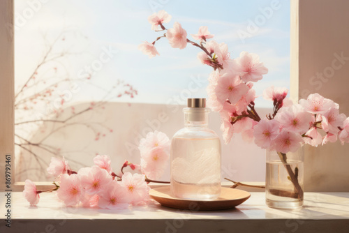 Wallpaper Mural A diffuser and cherry blossoms on a sunlit windowsill at spring morning Torontodigital.ca