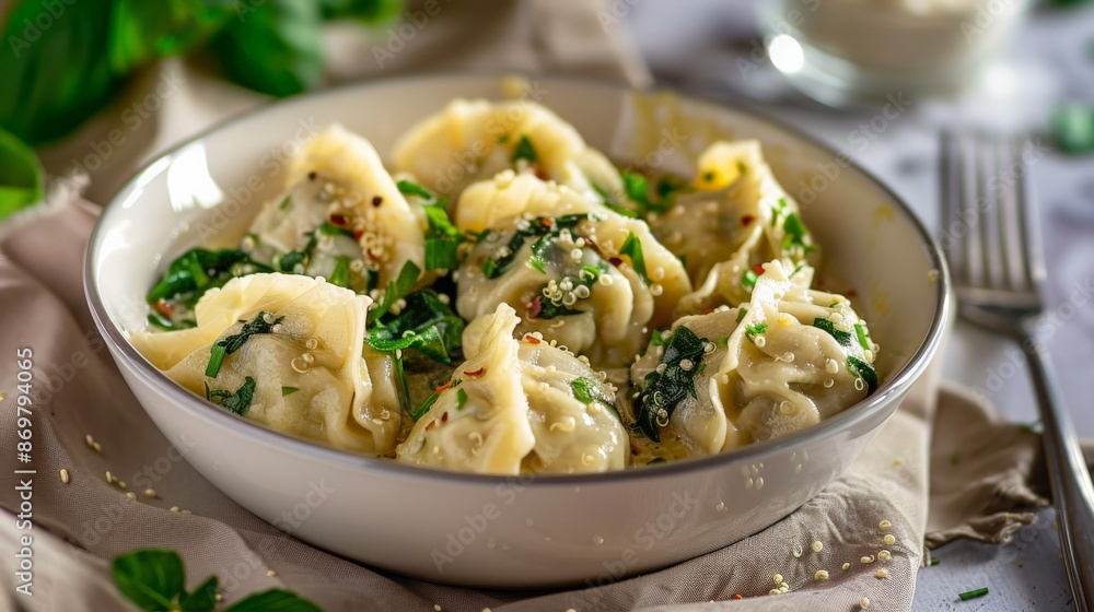 Fresh dumplings with greens and quinoa await you Fresh dumplings with greens and quinoa await you