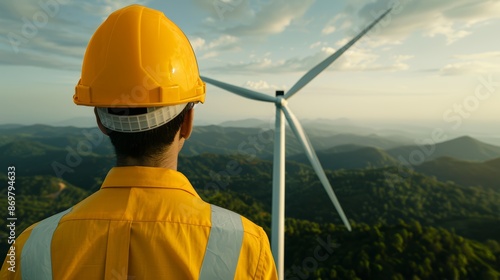 Aerial perspective of an engineer performing critical maintenance on a wind turbine