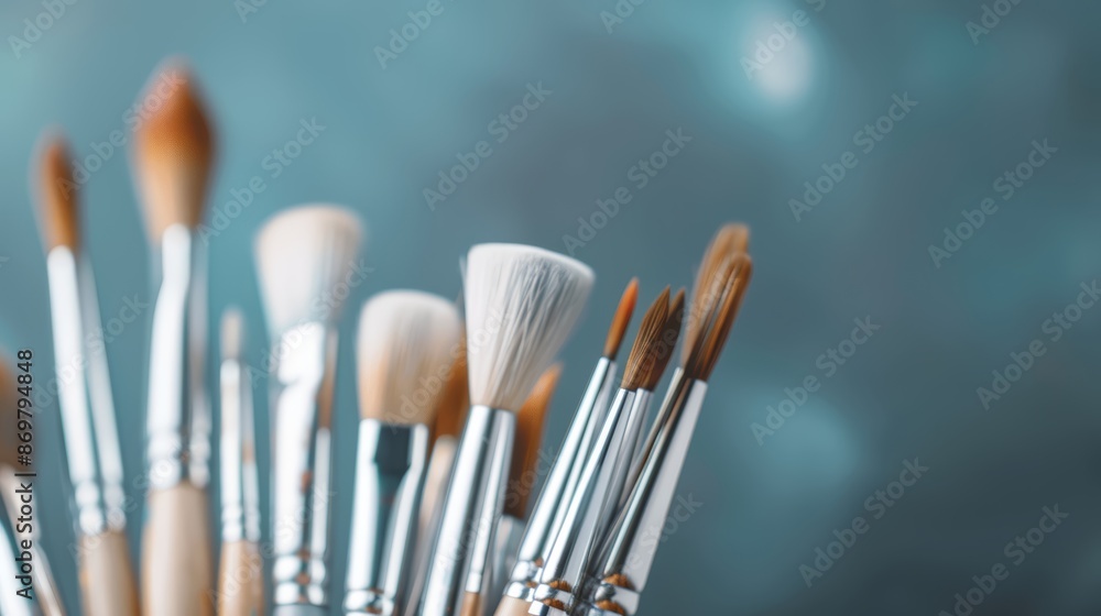 Artistic tools waiting to bring a masterpiece to life, paints and brushes in focus, background subtly blurred showcasing an artist's studio filled with inspiration Artistic tools waiting to bring a masterpiece to life, paints and brushes in focus, background subtly blurred showcasing an artist's studio filled with inspiration
