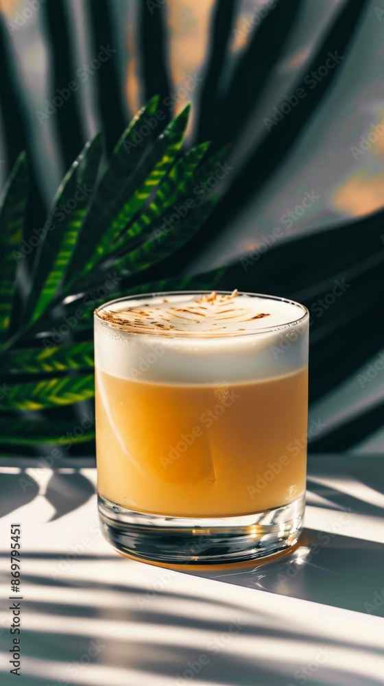 A glass of whiskey sour, garnished with a dusting of cinnamon, sits on a white surface A glass of whiskey sour, garnished with a dusting of cinnamon, sits on a white surface