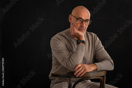 Close-up of a mature man looking thoughtfully against isolated dark background