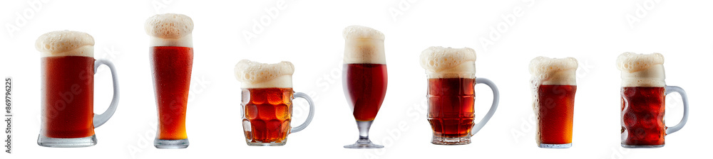Set of beer cocktails with foam isolated on white background Set of beer cocktails with foam isolated on white background