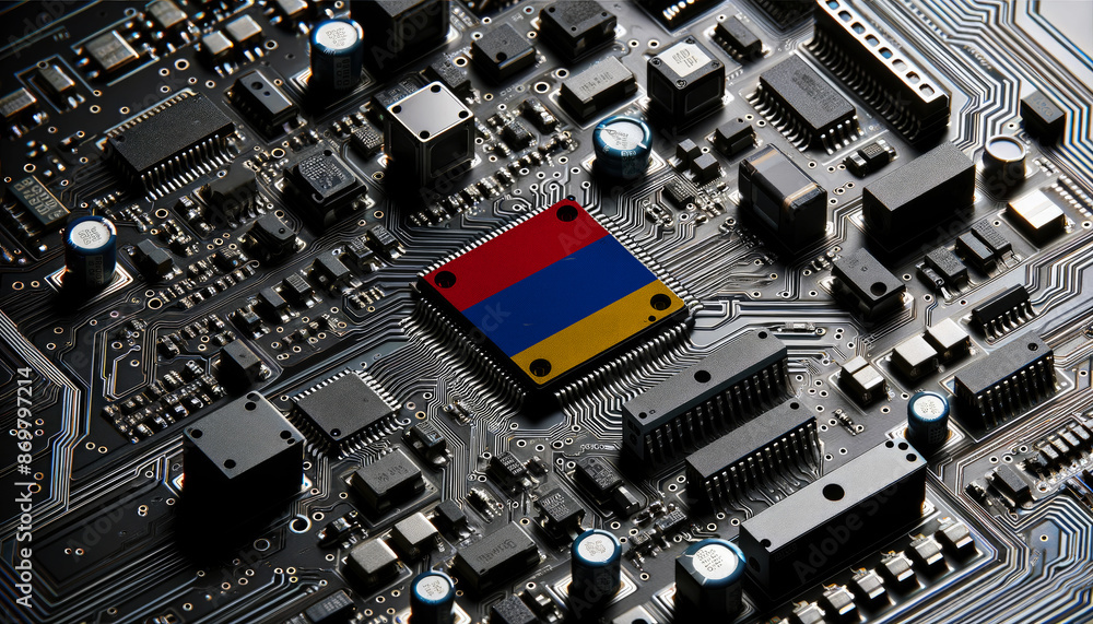 Close-up of a complex circuit board with a prominent microchip adorned with the Armenia flag, highlighting Armenia leadership in the global tech industry