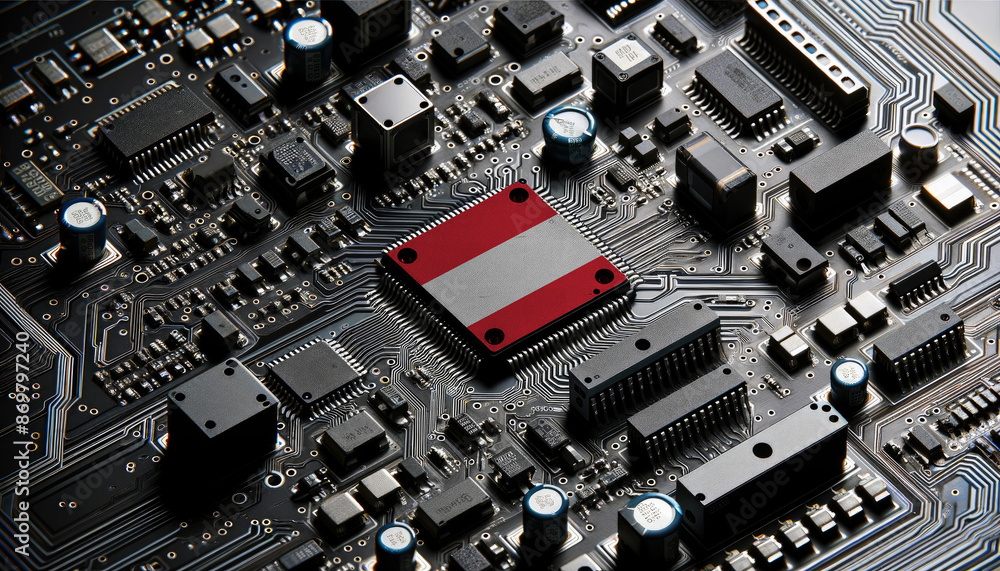 Close-up of a complex circuit board with a prominent microchip adorned with the Austria flag, highlighting Austria leadership in the global tech industry Close-up of a complex circuit board with a prominent microchip adorned with the Austria flag, highlighting Austria leadership in the global tech industry