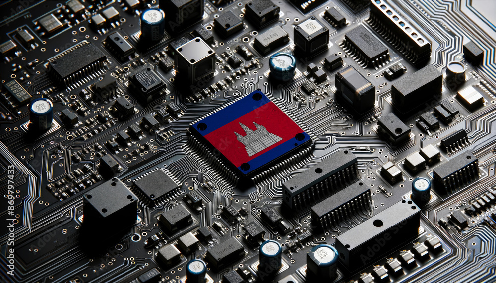 Close-up of a complex circuit board with a prominent microchip adorned with the Cambodia flag, highlighting Cambodia leadership in the global tech industry Close-up of a complex circuit board with a prominent microchip adorned with the Cambodia flag, highlighting Cambodia leadership in the global tech industry