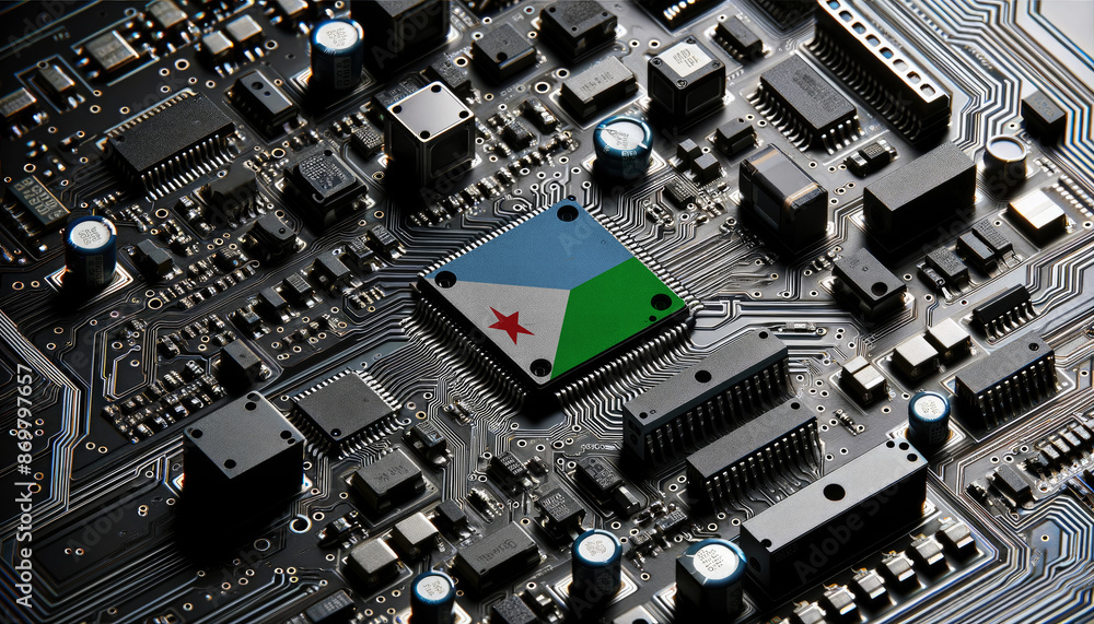 Close-up of a complex circuit board with a prominent microchip adorned with the Djibouti flag, highlighting Djibouti leadership in the global tech industry Close-up of a complex circuit board with a prominent microchip adorned with the Djibouti flag, highlighting Djibouti leadership in the global tech industry