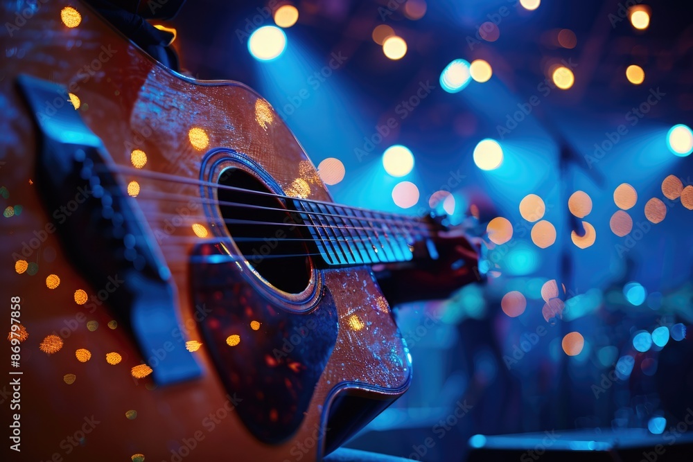 Obraz premium Live music festival with guitar and stage lights.