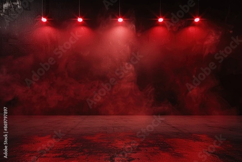 Dark stage with red background  neon lights  spotlights  studio room.