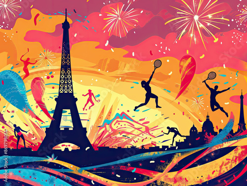 Festive Paris Summer Sports banner with Eiffel Tower, athletes, fireworks, and colorful confetti. Captures a vibrant, celebratory atmosphere photo