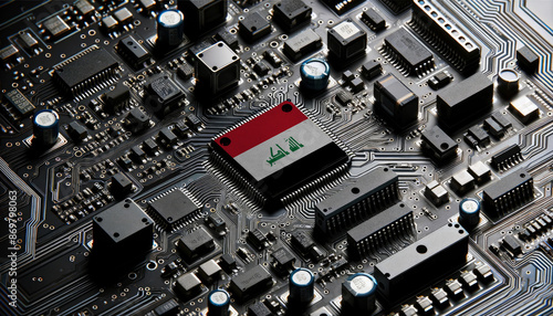 Close-up of a complex circuit board with a prominent microchip adorned with the Iraq flag, highlighting Iraq leadership in the global tech industry