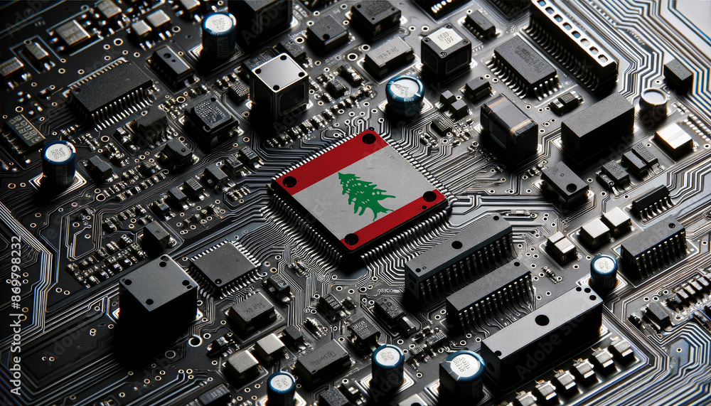 Close-up of a complex circuit board with a prominent microchip adorned with the Lebanon flag, highlighting Lebanon leadership in the global tech industry Close-up of a complex circuit board with a prominent microchip adorned with the Lebanon flag, highlighting Lebanon leadership in the global tech industry