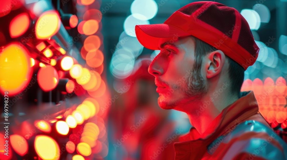 Fototapeta premium Workers in a distribution center, using barcode scanners and computer terminals to track inventory movements and update stock levels in real-time.