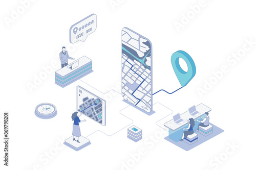 GPS navigation isometric concept in outline isometry design for web. People using map navigation system with pointer and road traffic, tracking route online in mobile app screen. Vector illustration.