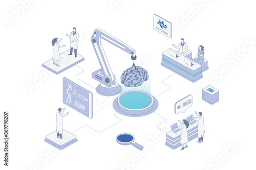 Medical laboratory isometric concept in outline isometry design for web. People scientists doing scientific research on human brain, studying dna molecule, making genetic tests. Vector illustration.
