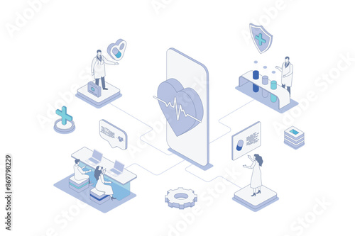 Medicine isometric concept in outline isometry design for web. People getting cardiology consults online in mobile app, cardiologist diagnosis heart, treating pharmacy pills. Vector illustration.