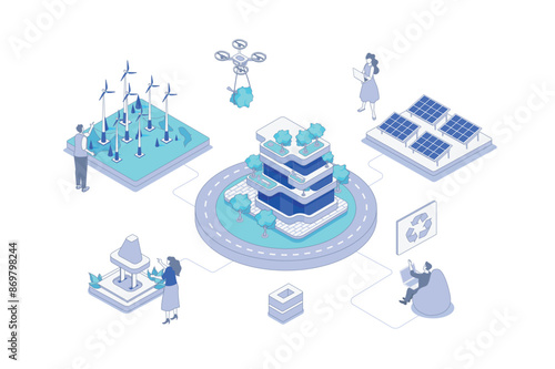 Green city isometric concept in outline isometry design for web. People monitoring and managing alternative energy sources and eco friendly infrastructure in smart city system. Vector illustration.