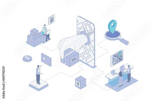 Online delivery isometric concept in outline isometry design for web. People receiving parcels from courier, tracking online in smartphone, pay for service of logistics company. Vector illustration.