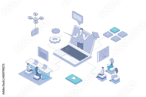 Online education isometric concept in outline isometry design for web. People studying at distant class, watching video lectures, preparing to seminars, answering at digital test. Vector illustration.
