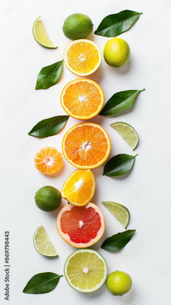 A still life arrangement of fresh citrus fruits and leaves A still life arrangement of fresh citrus fruits and leaves