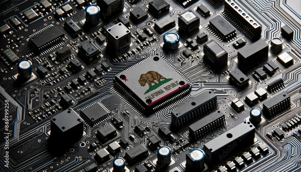 Close-up of a complex circuit board with a prominent microchip adorned with the California flag, highlighting California leadership in the global tech industry Close-up of a complex circuit board with a prominent microchip adorned with the California flag, highlighting California leadership in the global tech industry