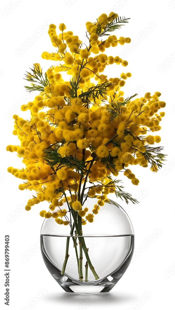 Fototapeta premium Bouquet of yellow mimosa flowers in a transparent vase on a white background