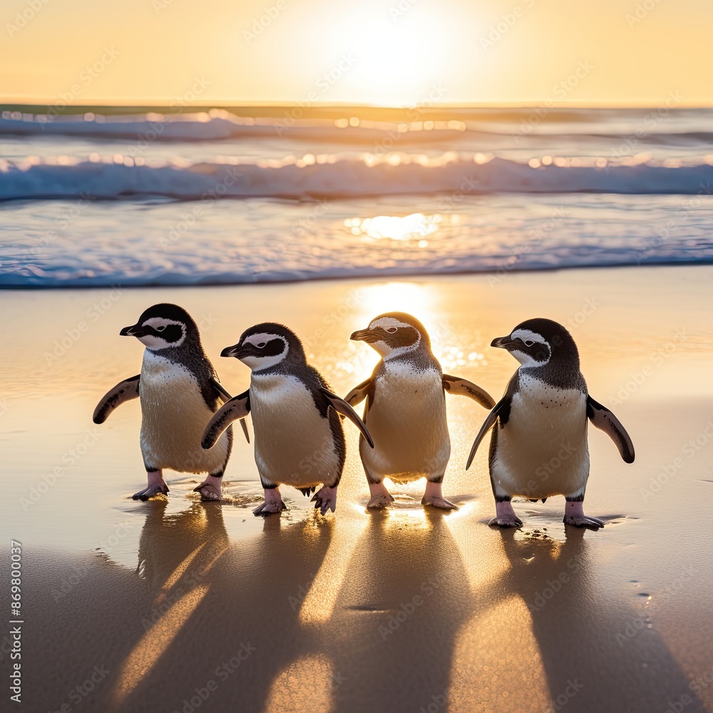 Obraz premium Funny penguins on a sandy beach against the backdrop of the sea, sky, sun. Ironic advertisement for summer vacation.