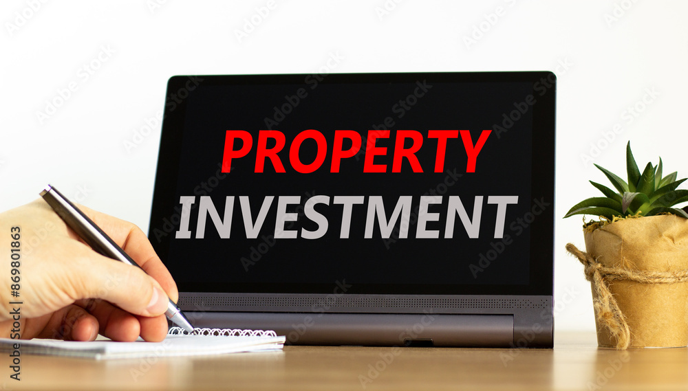 Property investment symbol. Concept words Property investment on beautiful black pad. Beautiful white background. Businessman hand. Business Property investment concept. Copy space. Property investment symbol. Concept words Property investment on beautiful black pad. Beautiful white background. Businessman hand. Business Property investment concept. Copy space.