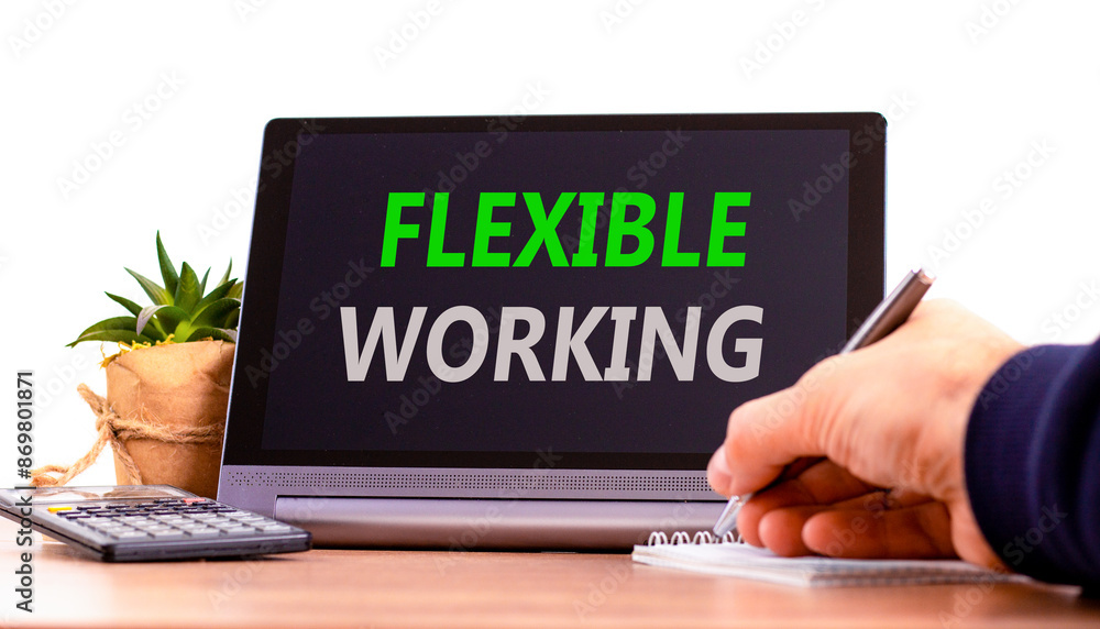 Flexible working symbol. Concept words Flexible working on beautiful black pad. Beautiful white background. Businessman hand. Calculator. Business flexible working concept. Copy space. Flexible working symbol. Concept words Flexible working on beautiful black pad. Beautiful white background. Businessman hand. Calculator. Business flexible working concept. Copy space.