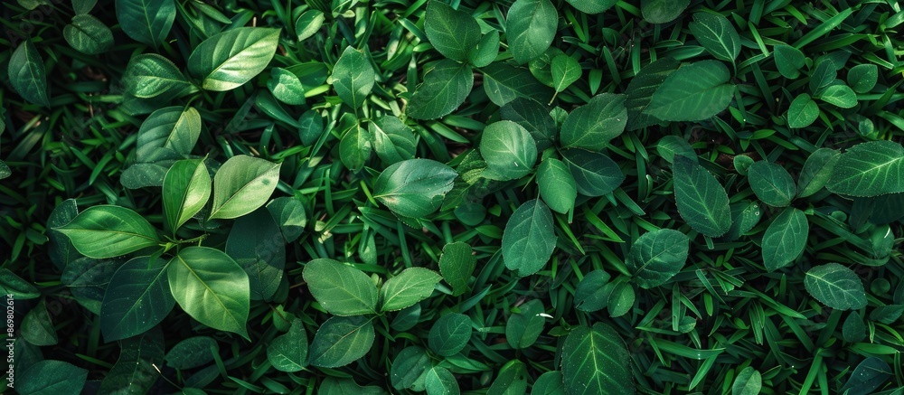 Green leaves scattered on the lush green grass, creating a serene and refreshing environment with ample copy space image. Green leaves scattered on the lush green grass, creating a serene and refreshing environment with ample copy space image.