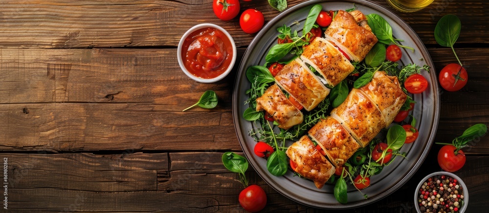 Delicious strudel with chicken, veggies, and sauce on a wooden table viewed from above. Includes copy space image. Delicious strudel with chicken, veggies, and sauce on a wooden table viewed from above. Includes copy space image.