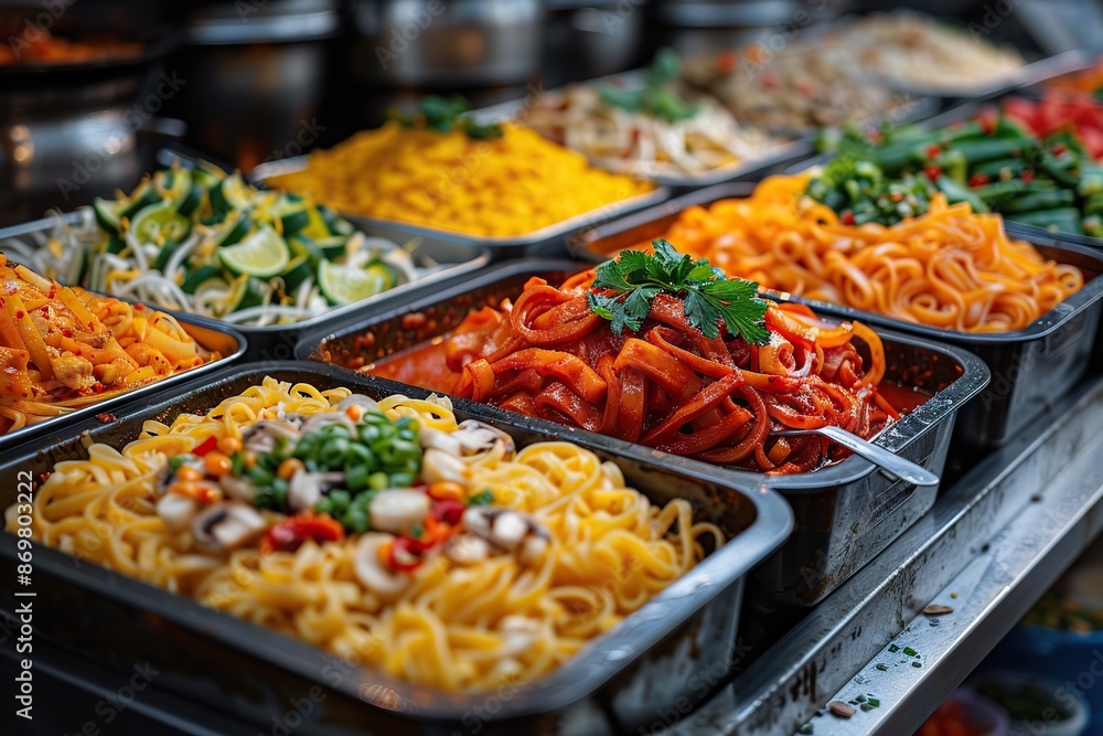 Bustling Thai Street Food Stall Featuring Pad Thai and Assorted Delicacies Bustling Thai Street Food Stall Featuring Pad Thai and Assorted Delicacies