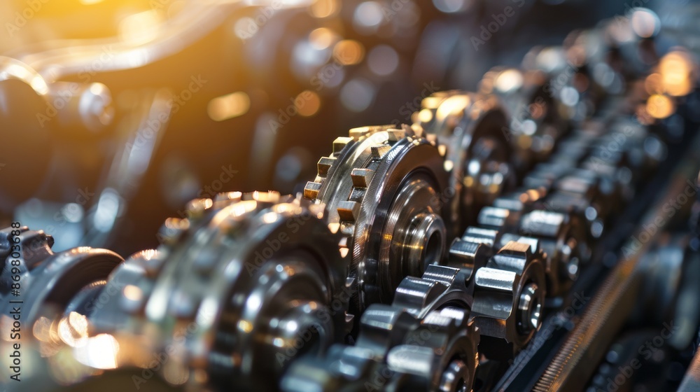 Close up of engine gears. Engine gears in a row with shallow depth of field ideal for automotive engineering or industrial backgrounds Close up of engine gears. Engine gears in a row with shallow depth of field ideal for automotive engineering or industrial backgrounds