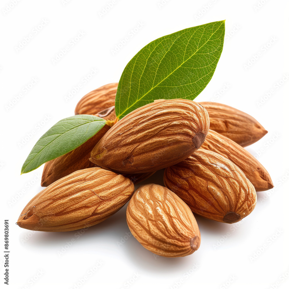 A close-up of almonds with leaves, isolated against a white background. A close-up of almonds with leaves, isolated against a white background.