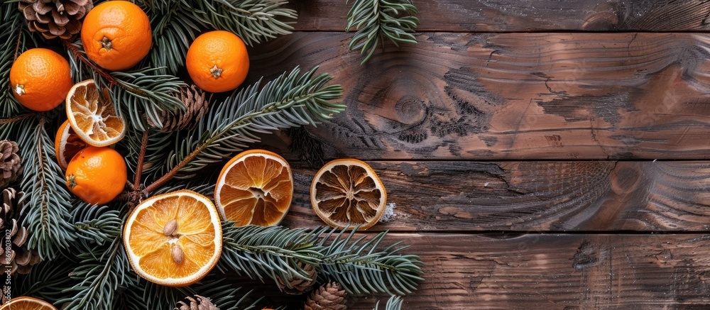 Festive Christmas-themed flat lay on a wooden table, featuring tree branches, dried oranges, cones, and space for text or an image. Festive Christmas-themed flat lay on a wooden table, featuring tree branches, dried oranges, cones, and space for text or an image.