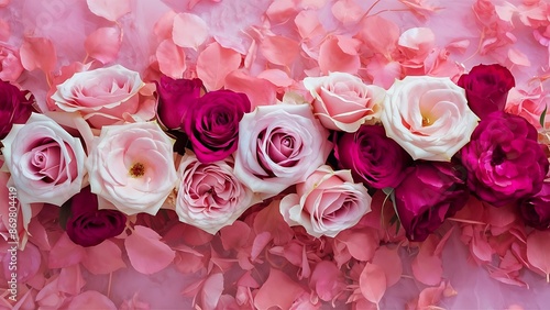 Framework from roses on pink background roses and leaves top view flat lay