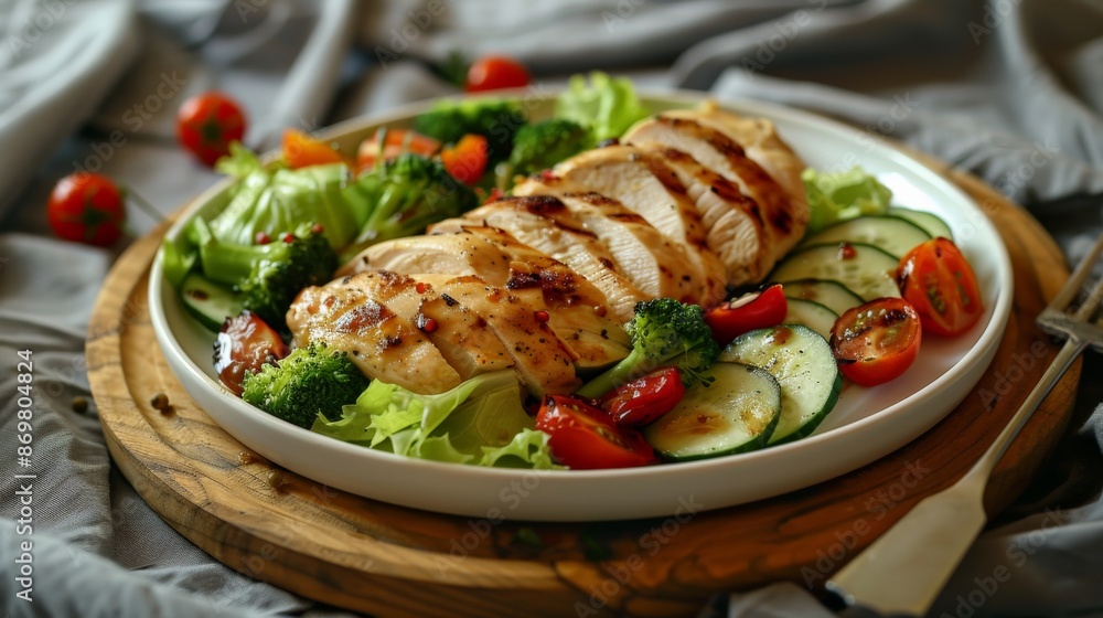 Healthy meal: grilled chicken, salad, broccoli, tomatoes, cucumber Healthy meal: grilled chicken, salad, broccoli, tomatoes, cucumber